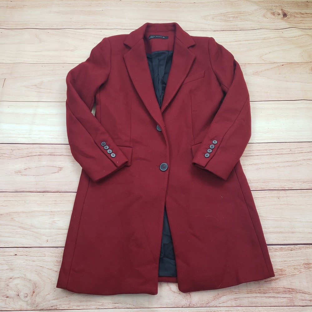 Zara Burgundy Single-Breasted Wool Blend Coat